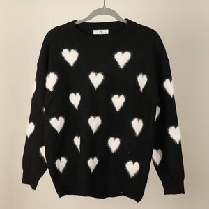 Fuzzy Heart Print Knitted Sweater