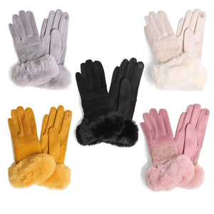 Women's Solid Suede Faux Fur Cuffed Touch Gloves