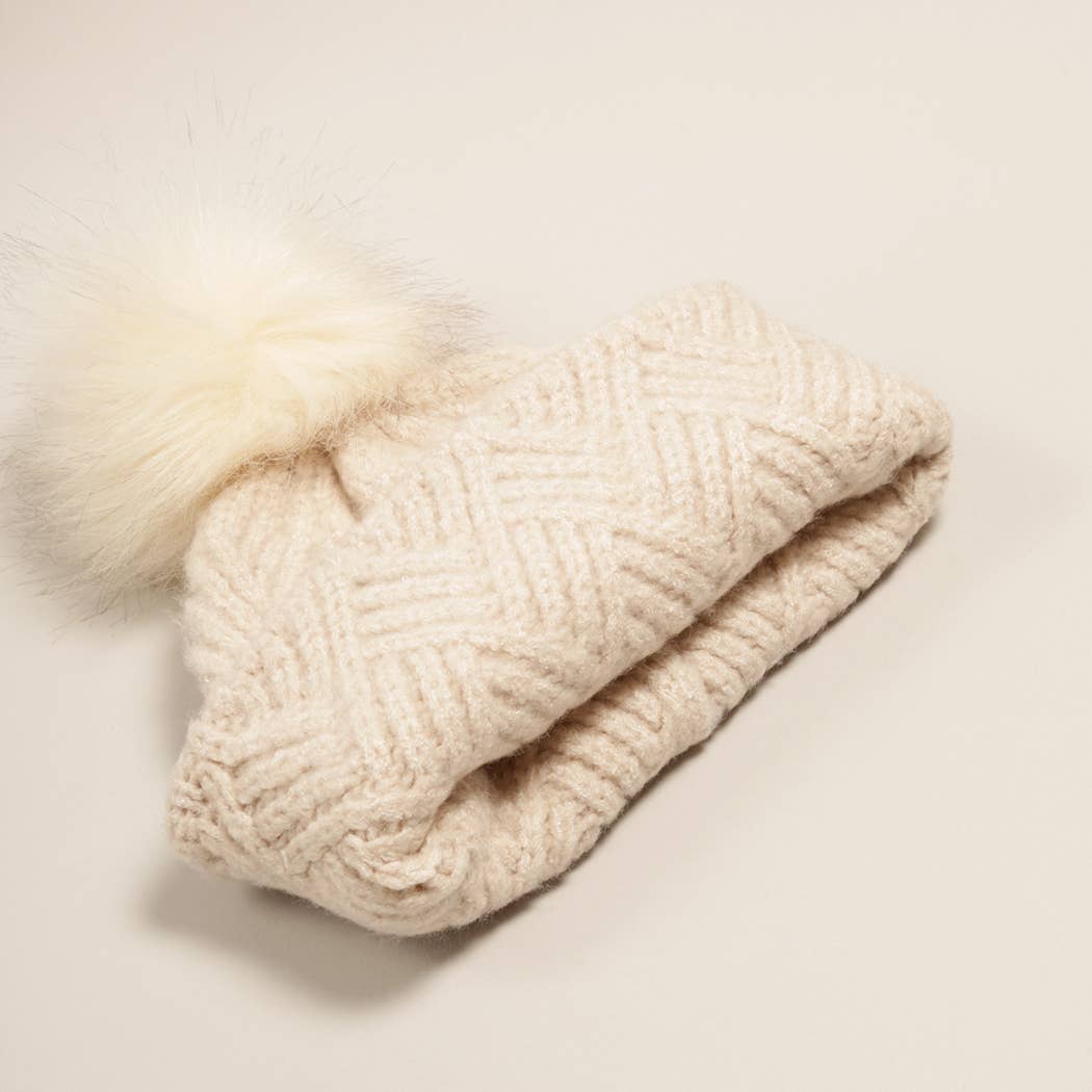 Chevron Knit Cuff Beanie w Faux Fur Pom