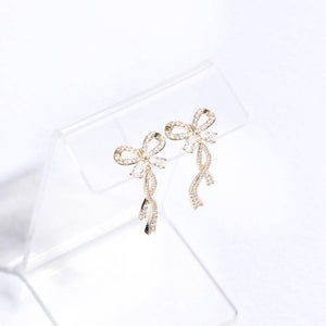 Long Tail Gold Ribbon CZ Post Earrings