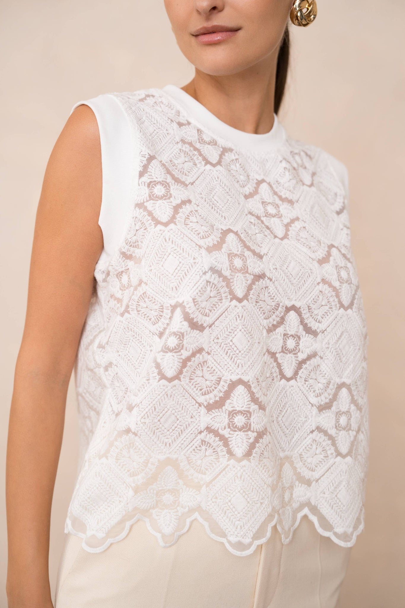 Semi-transparent embroidered lace top