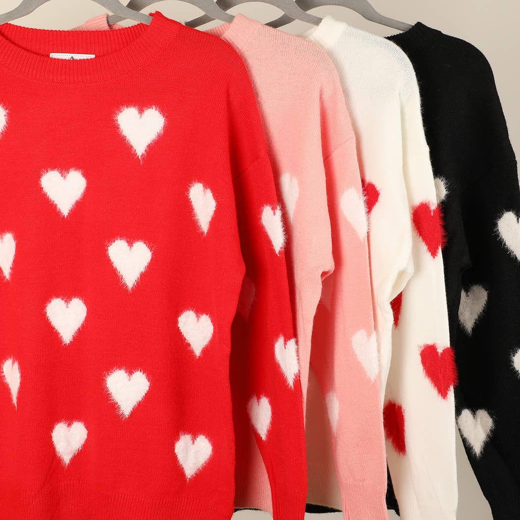 Fuzzy Heart Print Knitted Sweater