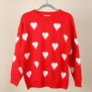 Fuzzy Heart Print Knitted Sweater