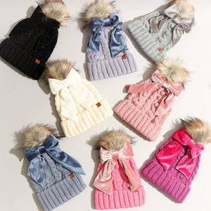 Winter Knitted Beanie Pom Pom Ribbon Bow Scrunchie