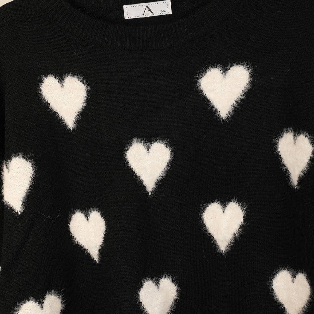 Fuzzy Heart Print Knitted Sweater