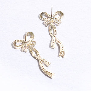 Long Tail Gold Ribbon CZ Post Earrings