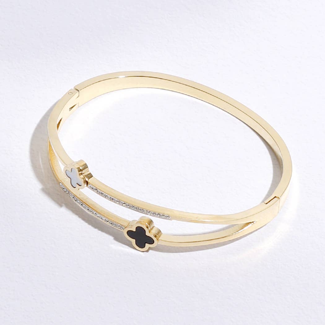 Gold Plated Two Tone Clover CZ Bangle Bracelet