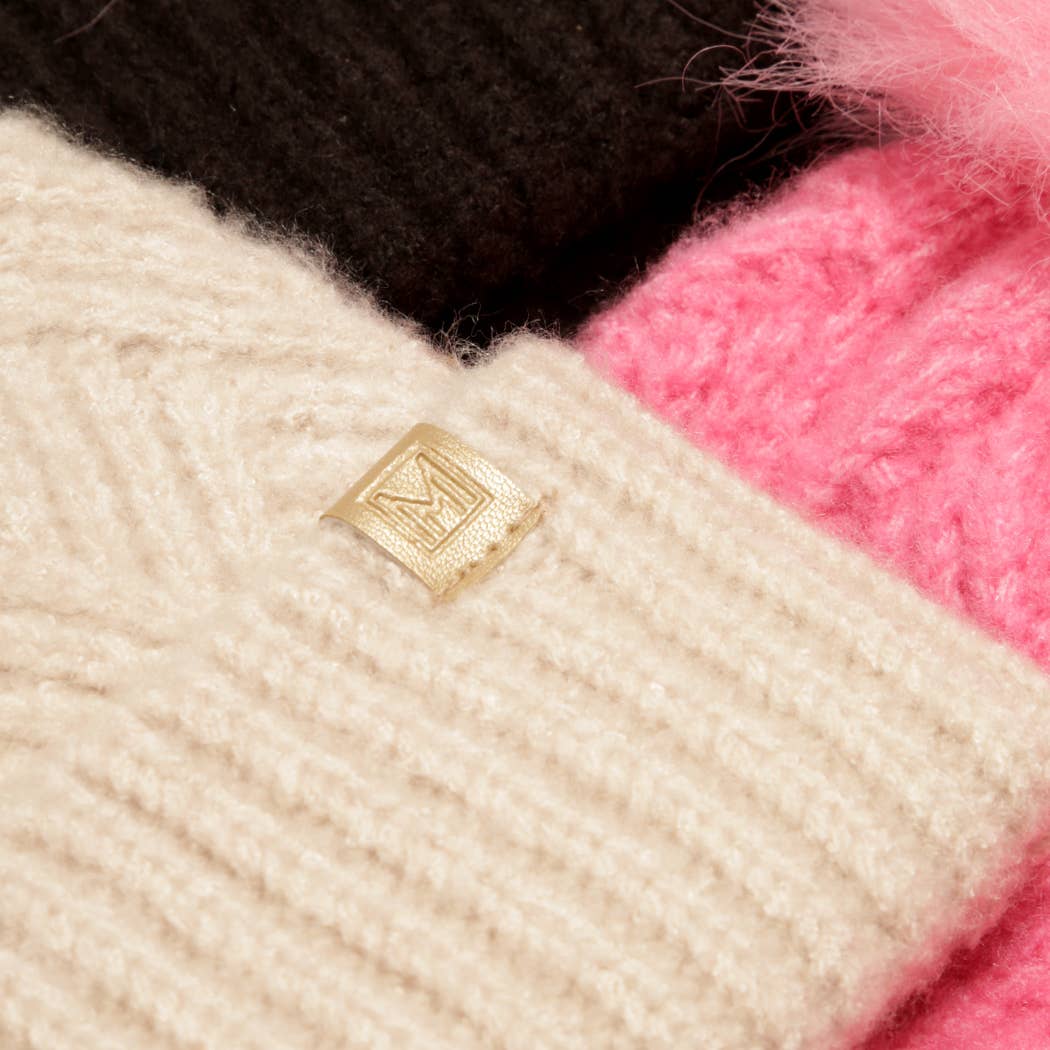 Chevron Knit Cuff Beanie w Faux Fur Pom