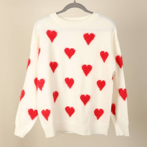 Fuzzy Heart Print Knitted Sweater