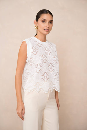 Semi-transparent embroidered lace top