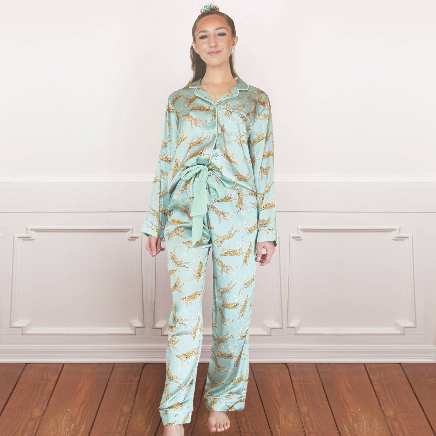 Sage Leopard Satin Pant PJ Set