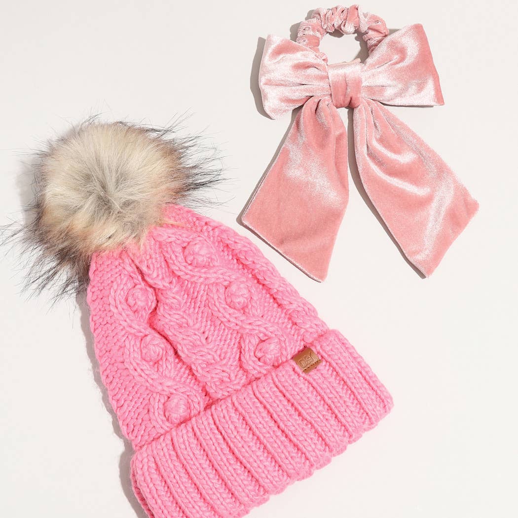 Winter Knitted Beanie Pom Pom Ribbon Bow Scrunchie