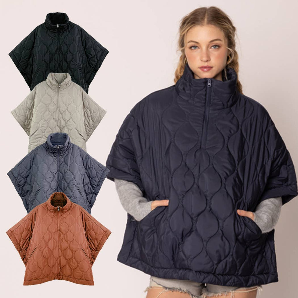 Stand Up Collar Quilted Cape Poncho Jacket