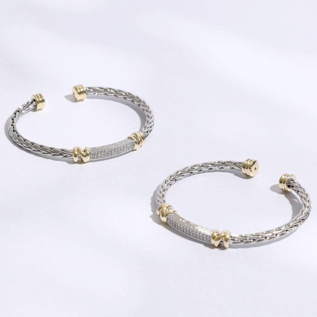 Braid Bangle CZ Bar Center Cylinder Edge Bracelet