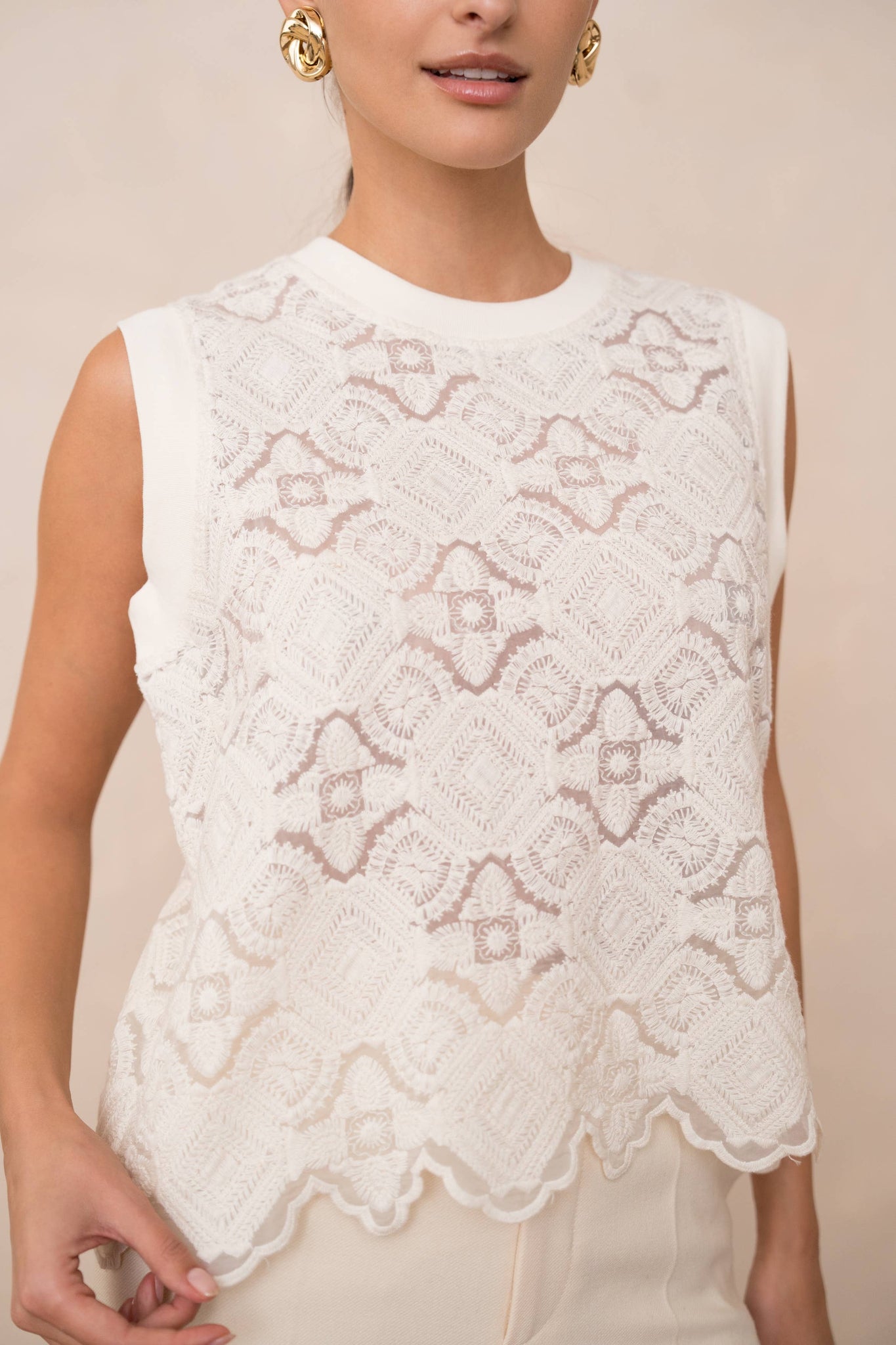 Semi-transparent embroidered lace top