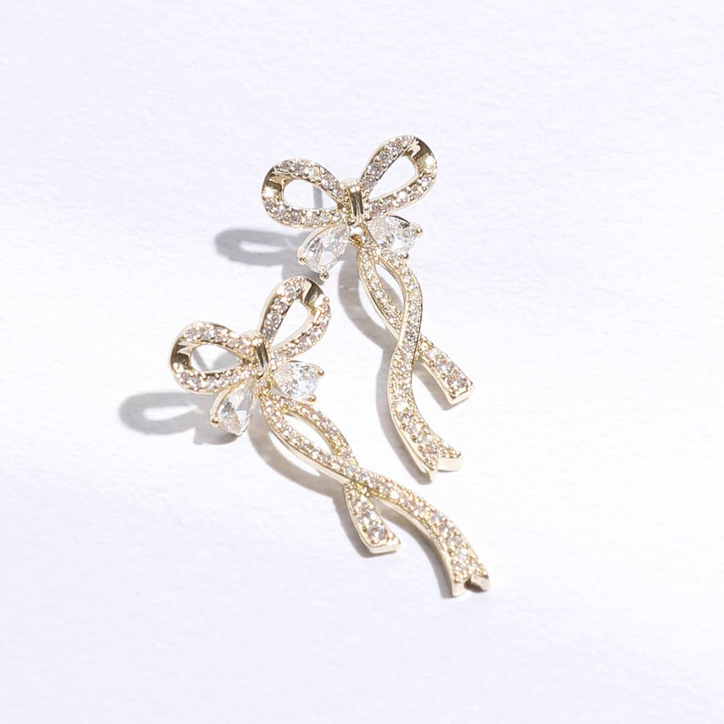 Long Tail Gold Ribbon CZ Post Earrings