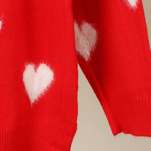 Fuzzy Heart Print Knitted Sweater