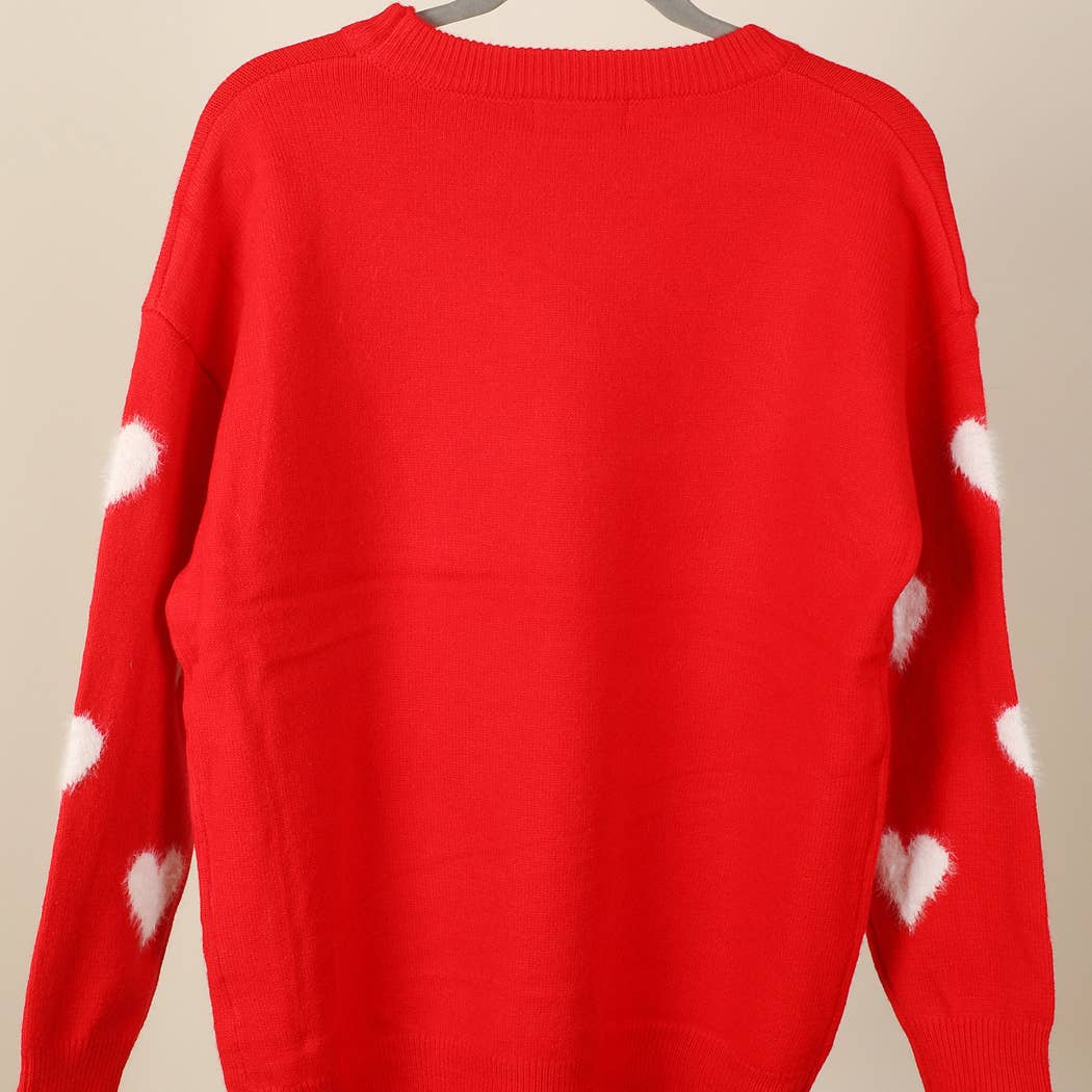 Fuzzy Heart Print Knitted Sweater