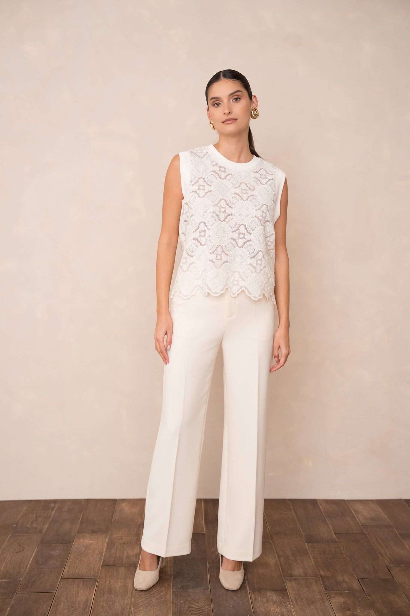 Semi-transparent embroidered lace top