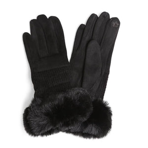 Women's Solid Suede Faux Fur Cuffed Touch Gloves