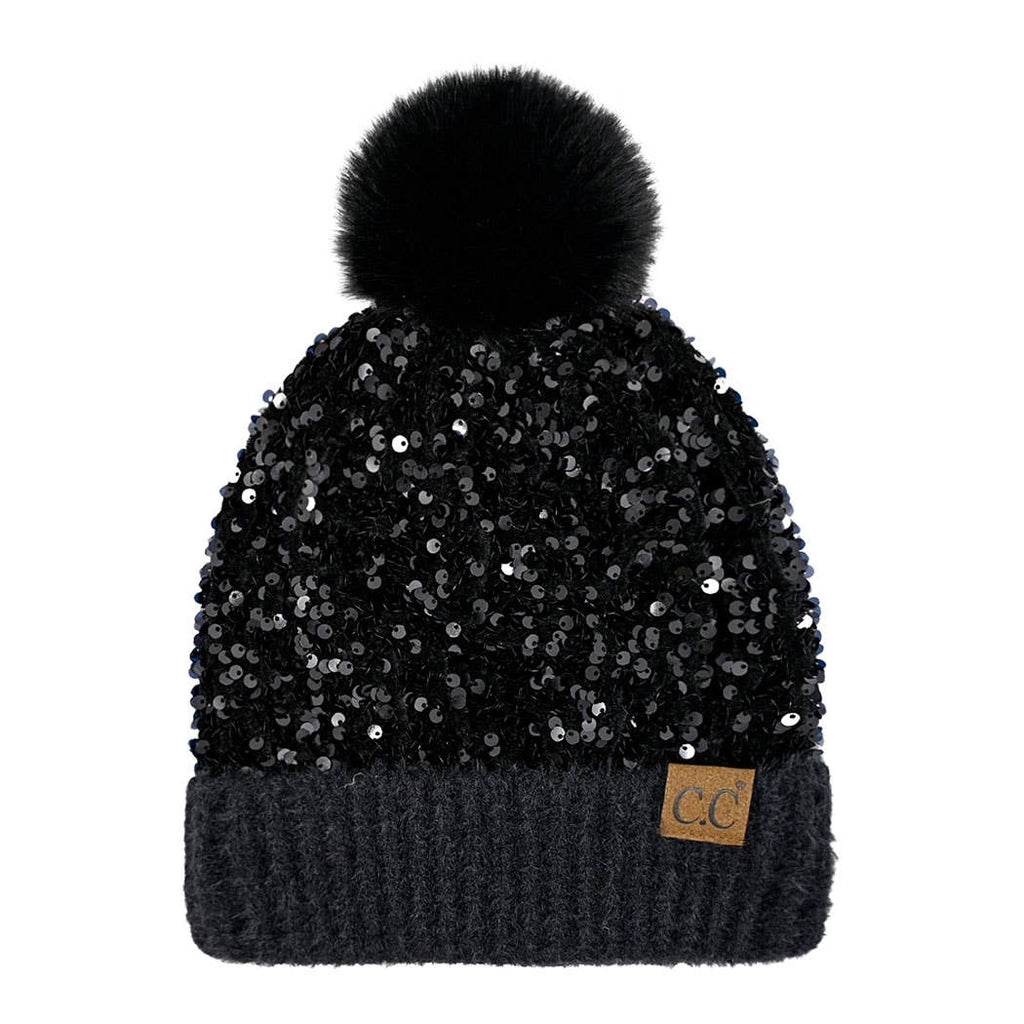 Glitter Sequined Cuff Beanie with Pom Pom