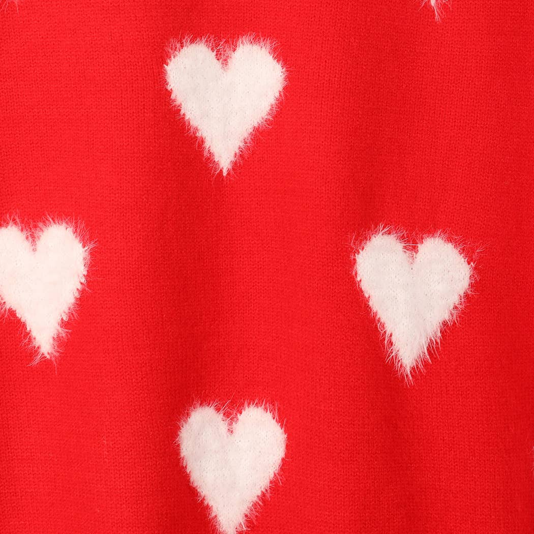 Fuzzy Heart Print Knitted Sweater