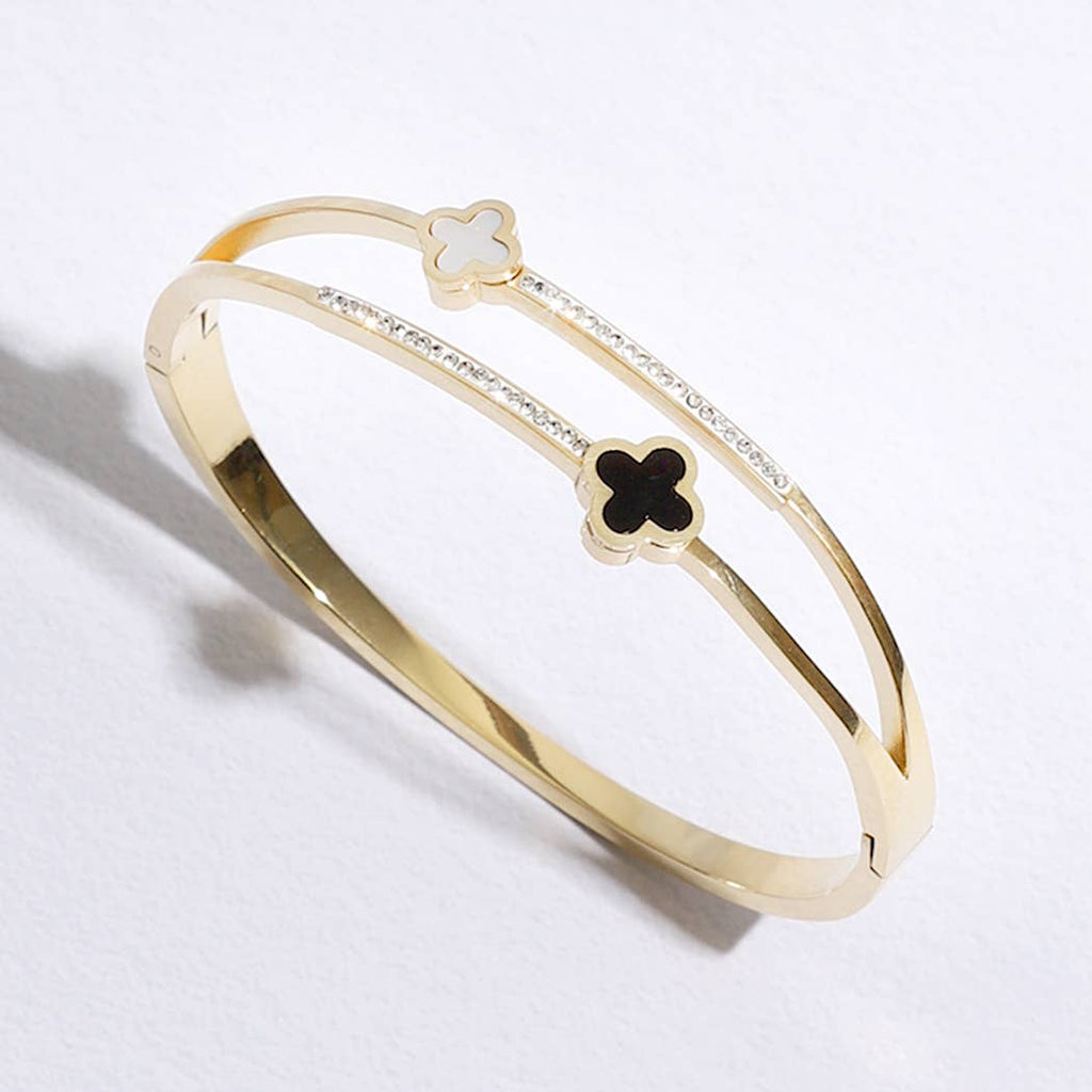 Gold Plated Two Tone Clover CZ Bangle Bracelet