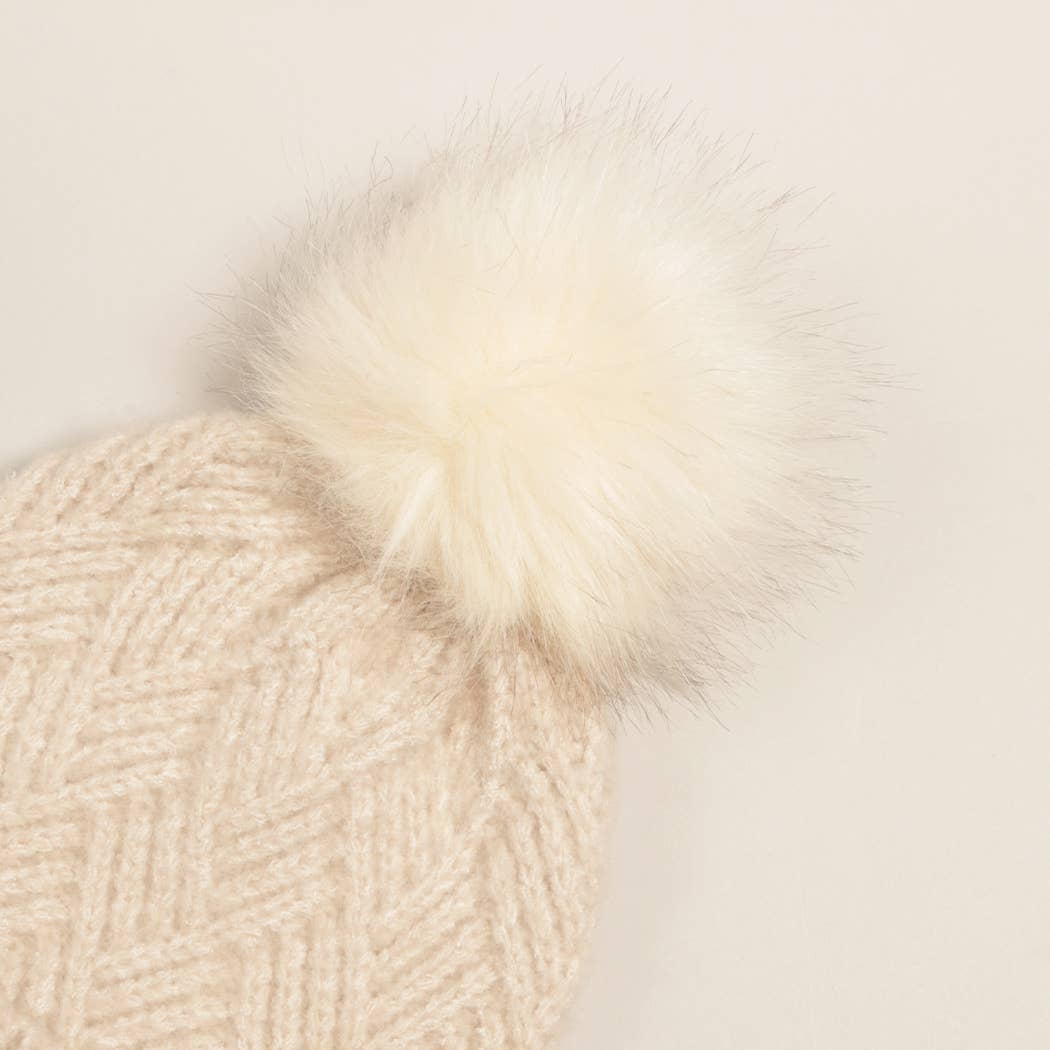 Chevron Knit Cuff Beanie w Faux Fur Pom