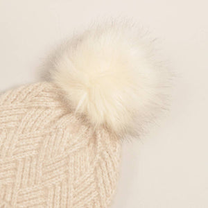 Chevron Knit Cuff Beanie w Faux Fur Pom