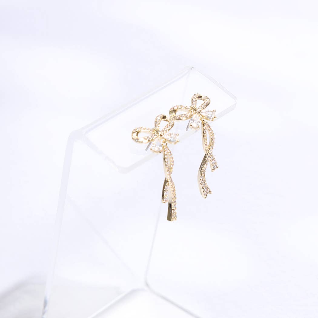 Long Tail Gold Ribbon CZ Post Earrings