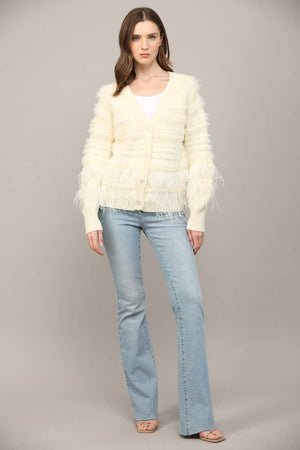 Feather Trim Wool Blend Cardigan