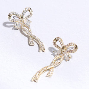 Long Tail Gold Ribbon CZ Post Earrings