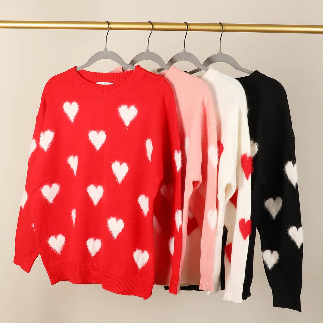 Fuzzy Heart Print Knitted Sweater