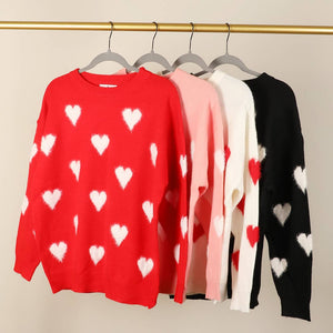 Fuzzy Heart Print Knitted Sweater