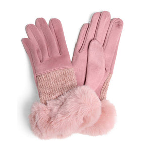 Women's Solid Suede Faux Fur Cuffed Touch Gloves