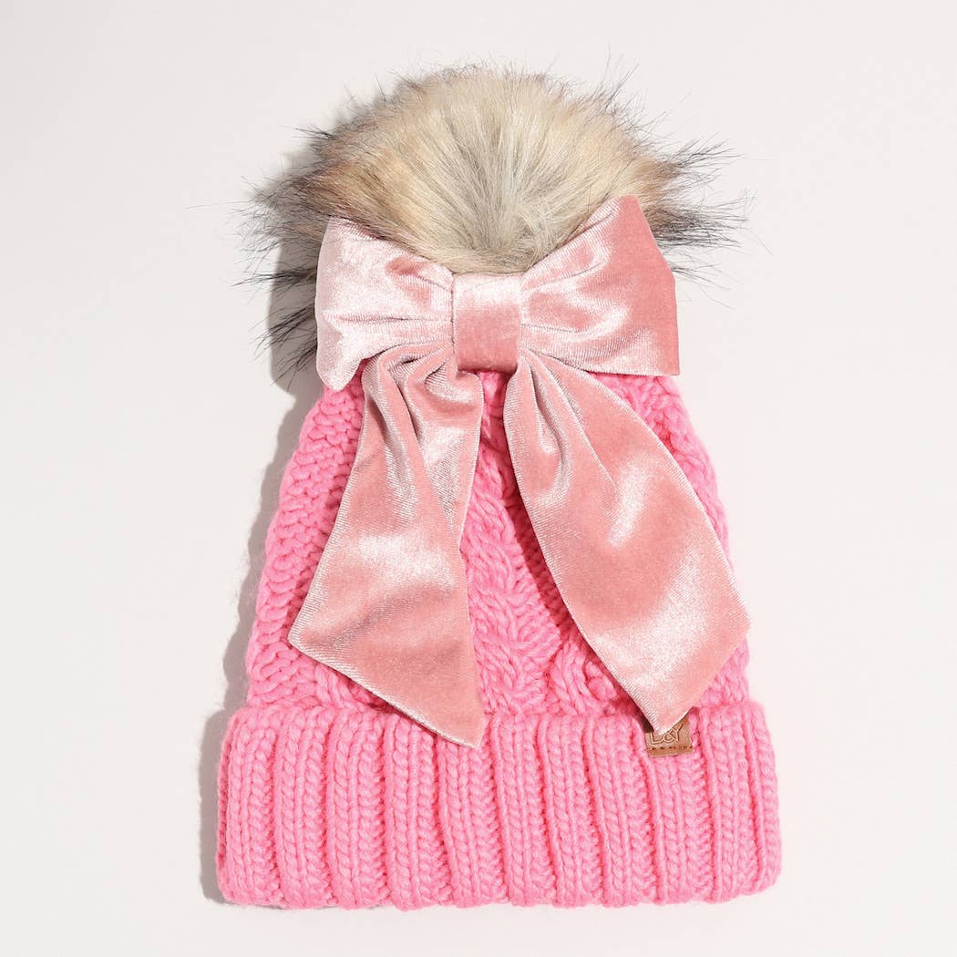 Winter Knitted Beanie Pom Pom Ribbon Bow Scrunchie