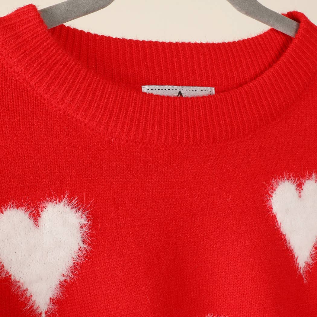 Fuzzy Heart Print Knitted Sweater