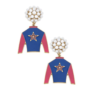 Canvas Style - Risen Star Pearl Cluster Jockey Enamel Earrings in Blue & Fu