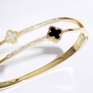 Gold Plated Two Tone Clover CZ Bangle Bracelet