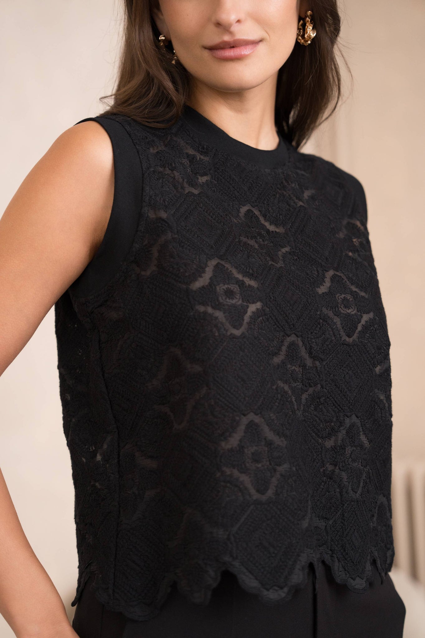 Semi-transparent embroidered lace top