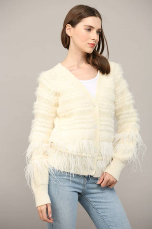 Feather Trim Wool Blend Cardigan