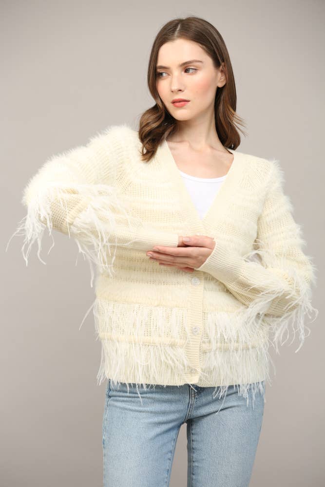 Feather Trim Wool Blend Cardigan