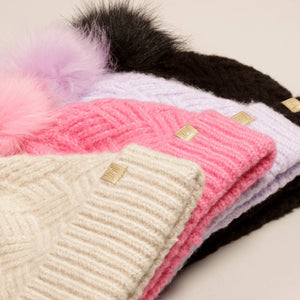 Chevron Knit Cuff Beanie w Faux Fur Pom