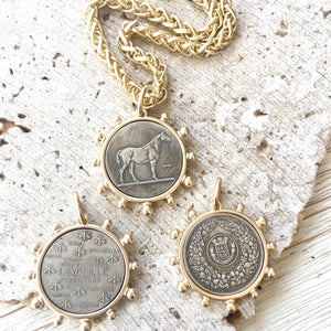 Matte gold horse French Bee coin necklace boutique