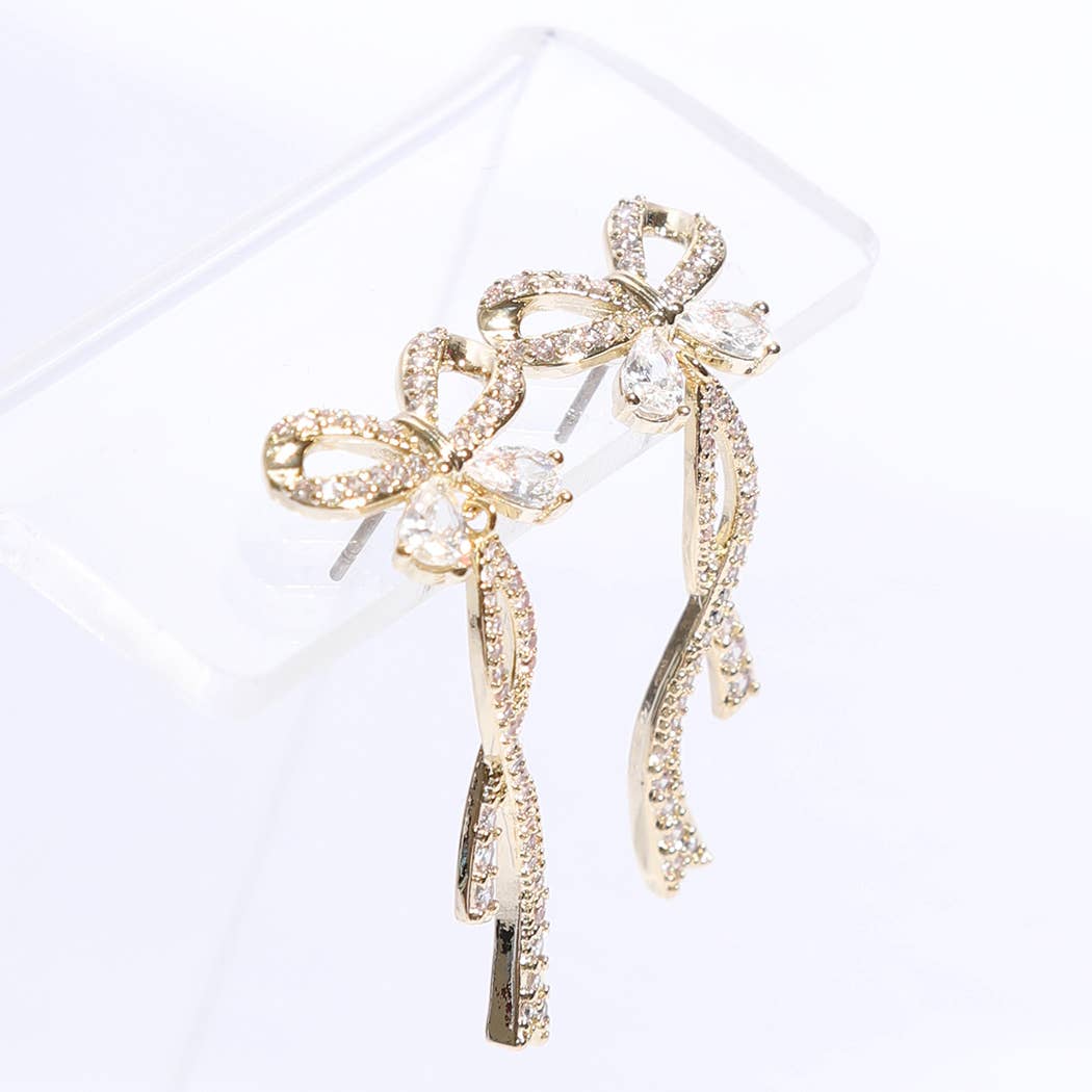 Long Tail Gold Ribbon CZ Post Earrings