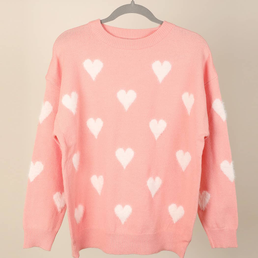 Fuzzy Heart Print Knitted Sweater