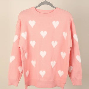 Fuzzy Heart Print Knitted Sweater