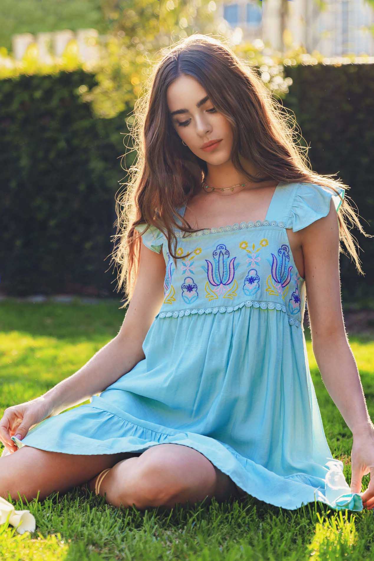 Embroidered flutter sale sleeve dress